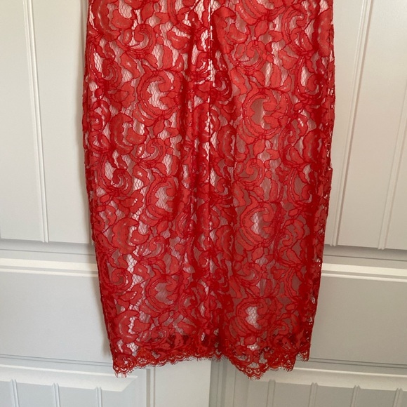 Tadashi Shoji orange red illusion lace midi dress size 2 - Picture 5 of 9